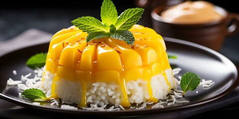 Sweet sticky rice with fresh mango and coconut milk a popular Southeast Asian dessert. Concept Thai Mango Sticky Rice, popular Southeast Asian dessert made with sweet sticky rice, fresh mango