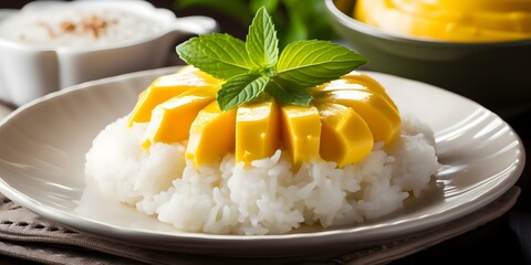 Wall Mural - Popular Thai dish mango sticky rice with coconut milk served on white plate. Concept Thai Cuisine, Mango Sticky Rice, Dessert, Coconut Milk, Food Photography