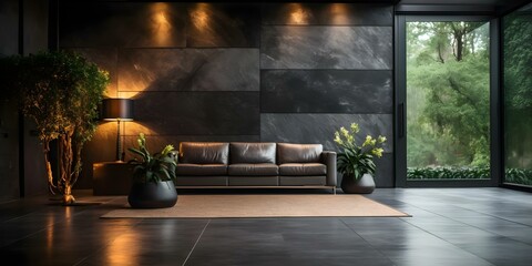 Wall Mural - Modern dark interior with glass entrance door and side lighting wall section. Concept Interior Design, Modern Architecture, Glass Doors, Lighting Design, Contemporary Decor