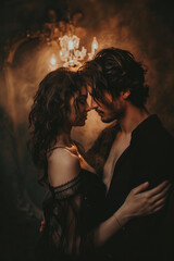 Wall Mural - A dramatic portrait of a couple in a passionate embrace, dark background.Cover of a book about love, a romance novel.