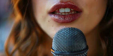 Closeup shot of a womans lips speaking into a microphone. Concept Closeup Photography, Lips, Microphone, Speaking, Feminine Portrait