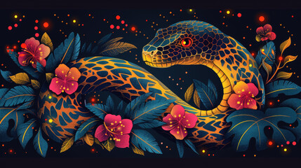 Chinese Happy New Year 2025. Year of the Snake. Symbol of New Year. Horizontal illustration of mysterious snake among flowers on a black background
