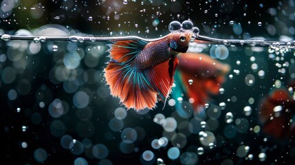 Poster - A betta fish building a bubble nest on the surface of the water, a natural behavior indicating health and vitality in captivity.