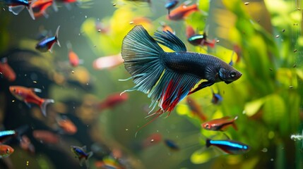 Poster - A betta fish chasing after a school of colorful tetras in a community aquarium, its natural hunting instincts on full display.