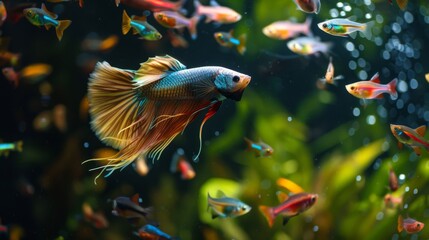 Poster - A betta fish chasing after a school of colorful tetras in a community aquarium, its natural hunting instincts on full display.