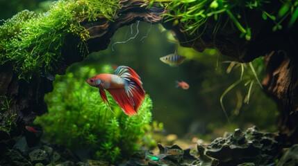 Aufkleber - A betta fish exploring a moss-covered cave in its aquarium, its inquisitive nature on full display as it investigates its surroundings.