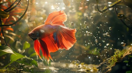 Poster - A betta fish flaring its gills and fins in a defensive display, showcasing its territorial behavior and fierce demeanor