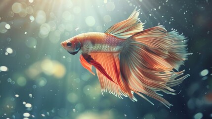 Wall Mural - A betta fish gracefully gliding through the water, its long, flowing fins trailing behind in a mesmerizing display of elegance.
