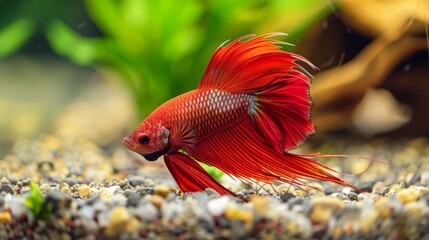 Wall Mural - A betta fish hunting for food among the gravel substrate of its aquarium, with its keen senses and swift movements on full display.