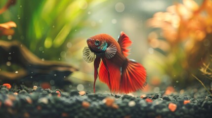 Poster - A betta fish hunting for food among the gravel substrate of its aquarium, with its keen senses and swift movements on full display.