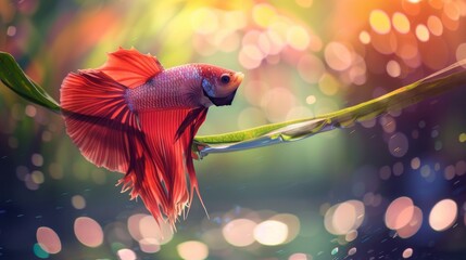 Poster - A betta fish resting on a leaf hammock near the surface of the water, enjoying a moment of relaxation in its peaceful aquarium environment.