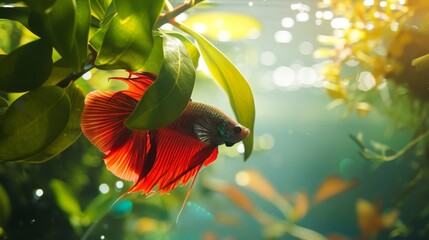 Poster - A betta fish resting on a leaf hammock near the surface of the water, enjoying a moment of relaxation in its peaceful aquarium environment.