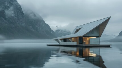 Photo of a modern, angular house floating on a calm lake surrounded by misty mountains under an overcast sky.