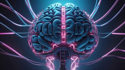 Wall Mural - Neon-lit 3d brain illustration on dark backdrop with futuristic design