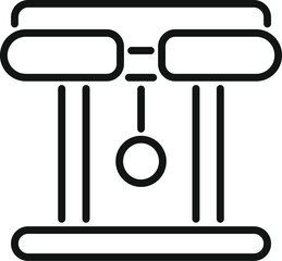 Poster - Black and white vector illustration of justice scale line icon representing legal equality and impartiality in the courtroom system, with a simple and minimal graphic design