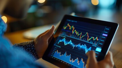Aufkleber - A close-up of a businessman analyzing stock market graphs and charts on a tablet device, making informed investment decisions