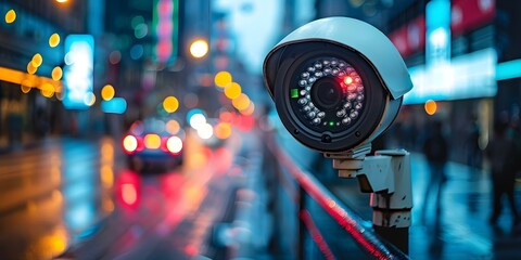 Sticker - Urban CCTV network monitors city activity with facial and motion recognition tech. Concept Facial Recognition, Motion Detection, Urban Monitoring, Security Technology, Surveillance Systems