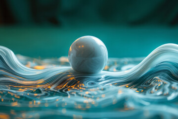 Poster - Artistic depiction of a wavy line approaching a stationary billiard ball, emphasizing motion and fluidity,