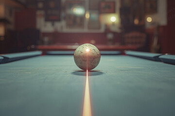 Poster - Image with a thin, vertical line pointing down at a billiard ball, highlighting the vertical motion of the cue,