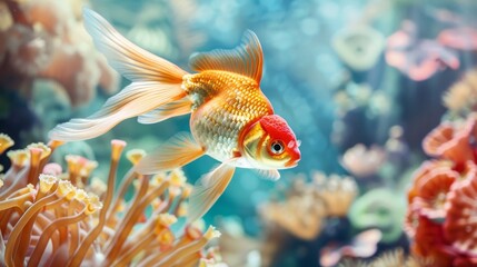 Poster - A close-up of a regal goldfish swimming gracefully against a backdrop of colorful coral and artificial decorations in its tank.