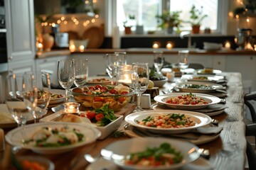 Wall Mural - A table with a vase of flowers and wine glasses, and a plate of food