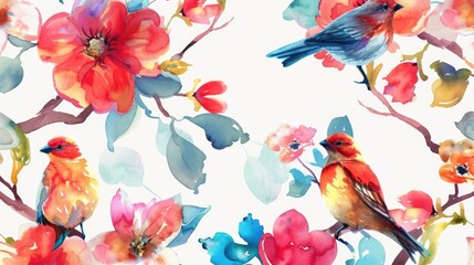 Sticker - Seamless watercolor pattern featuring flowers and birds on a white background