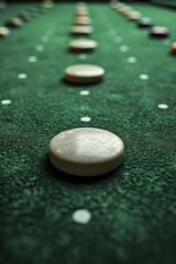 Poster - Artistic depiction of a minimalist billiard table with a green rectangle and circular pockets represented as white circles,