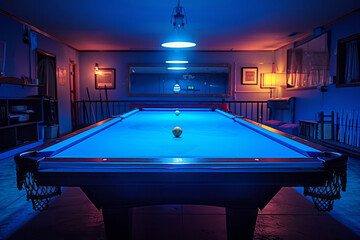 Poster - Scene with a blue rectangle as the billiard table, with square cutouts at the corners and midpoints of the long sides,