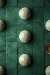 Poster - Artistic depiction of a minimalist billiard table with a green rectangle and circular pockets represented as white circles,