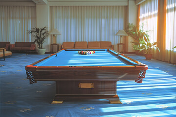 Poster - Scene with a blue rectangle as the billiard table, with square cutouts at the corners and midpoints of the long sides,