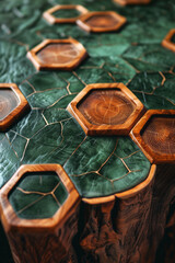 Poster - Image of a green table with basic brown outlines, featuring hexagonal pockets at strategic points,