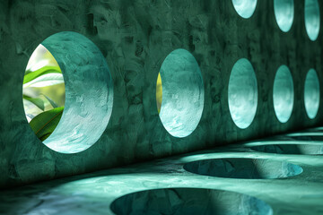 Poster - Artistic rendering of a green table with blue circular pockets at each corner, emphasizing geometric shapes,