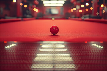 Poster - Image of a red billiard table with basic white outlines and hexagonal cutouts for pockets,