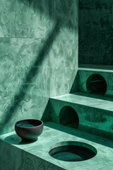 Poster - Illustration of a minimalist green table with black circular pockets, focusing on geometric precision,