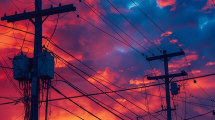 Poster - A close-up of power lines and transformers mounted on utility poles against a colorful sunset sky, symbolizing the intersection of nature and technology.
