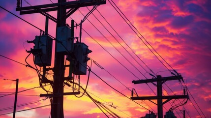 Poster - A close-up of power lines and transformers mounted on utility poles against a colorful sunset sky, symbolizing the intersection of nature and technology.