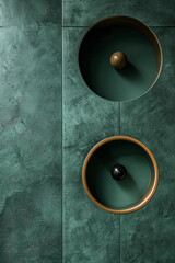 Poster - Image of a green rectangle with black circular pockets and minimalist outlines, representing a simplified billiard table,