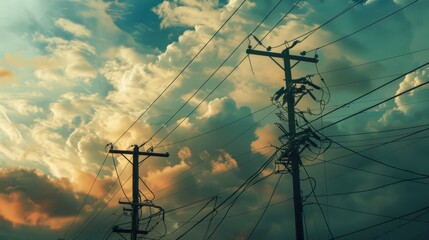 Poster - A close-up of power lines crisscrossing against a cloudy sky, illustrating the intricate network of electricity distribution infrastructure.