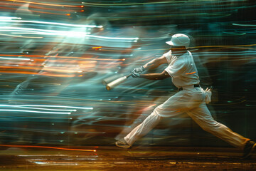 Fototapete - Scene featuring a baseball player figure swinging a bat, with the ball flying off in a blur of motion lines,