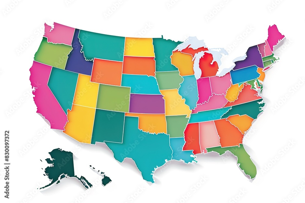 A colorful map of the United States with each state colored different ...