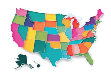 A colorful map of the United States with each state colored different