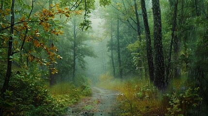 Wall Mural - Dense forest amidst light rains