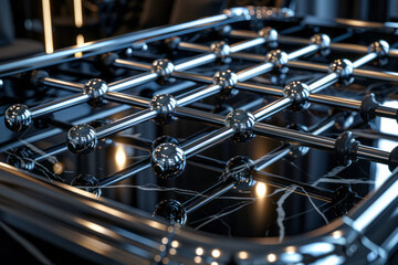 Poster - Illustration of a foosball table designed as a sleek, modern sculpture with players carved from polished metal, resembling abstract human figures,