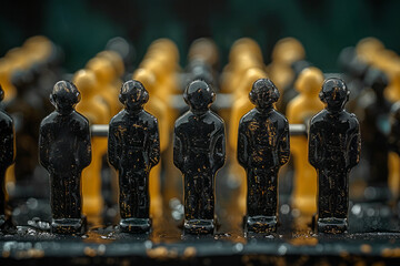 Poster - Illustration of a foosball table designed as a sleek, modern sculpture with players carved from polished metal, resembling abstract human figures,