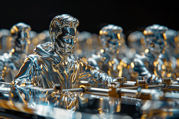 Poster - Illustration of a foosball table designed as a sleek, modern sculpture with players carved from polished metal, resembling abstract human figures,
