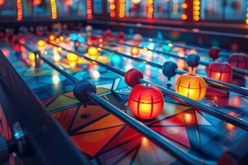 Poster - Scene of a foosball table with an abstract geometric pattern on the playing field, creating a visually striking piece,