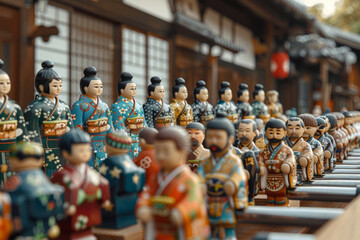 Poster - Illustration of foosball player figures dressed in traditional Japanese kimonos, competing against figures in German lederhosen,