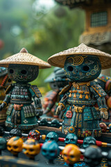 Poster - Illustration of foosball player figures in Peruvian ponchos and hats facing off against figures in Japanese samurai armor,