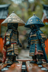 Poster - Illustration of foosball player figures in Peruvian ponchos and hats facing off against figures in Japanese samurai armor,