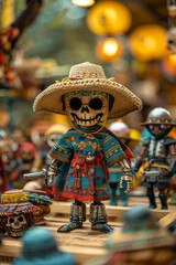 Poster - Illustration of foosball player figures in Peruvian ponchos and hats facing off against figures in Japanese samurai armor,
